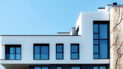 Modern white building facade with large rectangular windows against clear blue sky