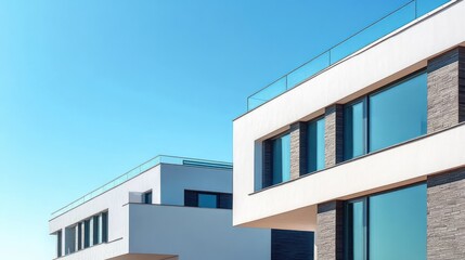 Modern minimalist white buildings with large reflective windows and clear blue sky