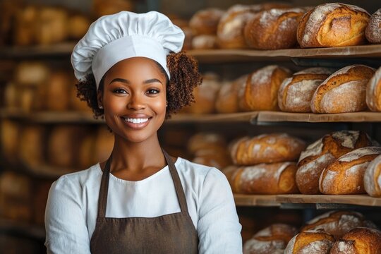 Smiling female baker wearing chef hat and apron standing in bakery with shelves full of freshly baked artisanal bread loaves