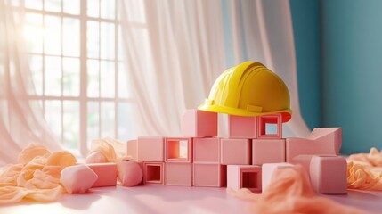 Yellow construction helmet resting on a stack of pink foam blocks near a sunlit window with light pink fabric draped around them creating a soft and serene atmosphere