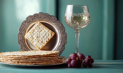 Stack of unleavened flatbreads on silver plate next to ornate silver tray holding one flatbread square, vintage etched wine glass with white wine, and small bunch of red grapes on teal surface