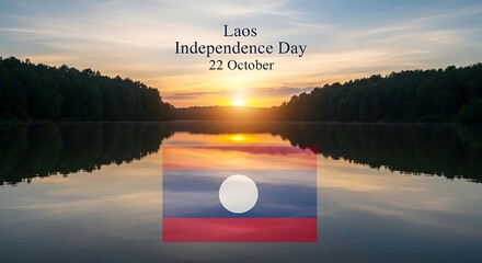 Laos Independence Day: Sunset Reflection with Flag on Calm Lake.