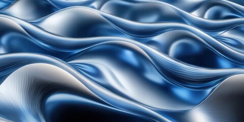 Smooth metallic blue waves with reflective surfaces creating a calming, fluid, and futuristic abstract pattern