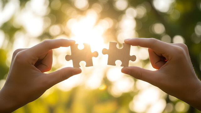 Hands holding two puzzle pieces together outdoors - Powered by Adobe