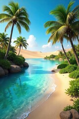 Desert Oasis Palm Trees Swaying Gently in Golden Dunes, Crystal-Clear Water Reflecting Vibrant Blue Sky - A Picturesque Paradise