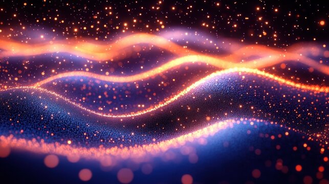 Abstract digital waves with glowing orange and purple particles creating a dynamic and vibrant flowing landscape filled with sparkling energy and motion