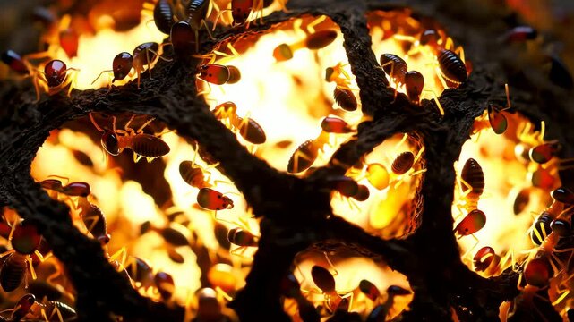 Close Up of Termites Inside a Glowing Honeycomb Structure