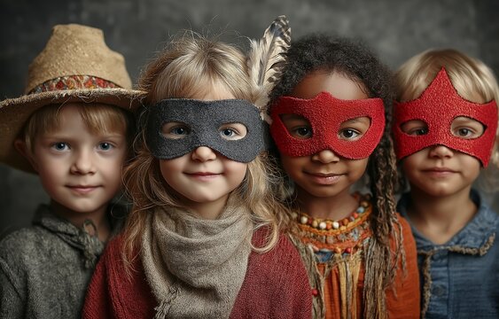 Several ethnic kids in costumes, including a youngster in a cowboy hat, a kid with a feathered headband, and a kid wearing a superhero mask, are shown smiling at the camera in this portrait.