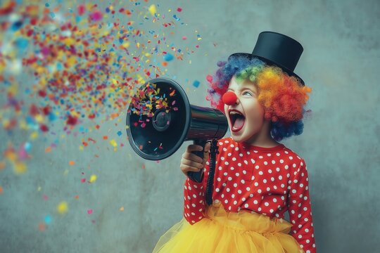 A joyful child in a colorful clown costume shouts into a megaphone, surrounded by confetti, exuding energy and playfulness.