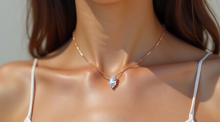 Close-up of a woman's slender neck adorned with a sparkling marquise-cut crystal pendant on a delicate rose gold chain, reflecting elegance