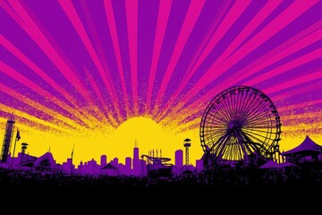 A vibrant sunset over a city skyline, with a ferris wheel and amusement park structures silhouetted against bold purple and yellow rays.