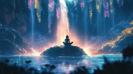 Person meditating peacefully on a rock in the middle of a glowing waterfall surrounded by hanging colorful flowers and serene water
