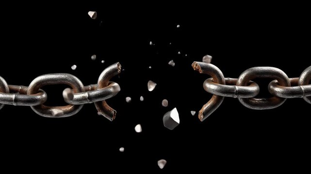 Heavy metal chain breaks apart with fragments flying against black background.