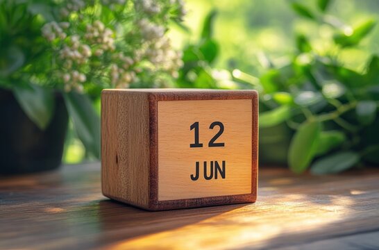Wooden block calendar displaying June 12 placed on wooden surface with green plants and natural sunlight in soft focus background