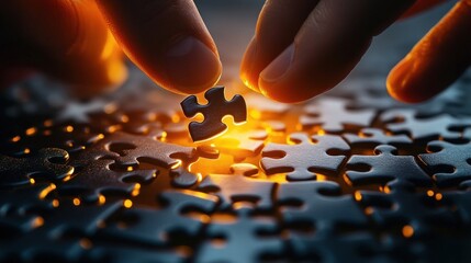 Close-up of fingers placing the final piece in a jigsaw puzzle illuminated by warm glowing light symbolizing achievement and focus