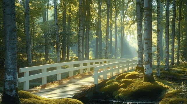Sunlit wooden bridge with white railings crossing through a serene mossy forest with tall birch trees and morning light filtering through