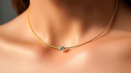 Close-up of a radiant golden snake chain necklace featuring a single brilliant gemstone, gracefully adorning a woman's elegant neck, highlighting luxurious minimalist jewelry fashion