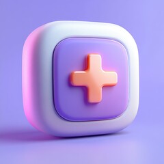 Obraz premium 3d rounded square button with a raised orange plus sign on a purple square background, set against a soft purple backdrop with gentle pink and blue lighting
