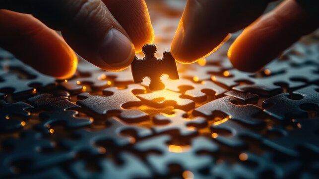 Close-up of two fingers carefully placing the final puzzle piece into a nearly completed dark-colored jigsaw puzzle illuminated by warm glowing light from underneath