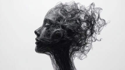 Abstract side profile of a human head composed of intricate, tangled black threads on a light background, conveying complexity and introspection