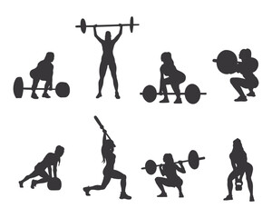 girl workout gym lady body building set collection pack bundle black shape icon silhouette vector flat illustration design on white background
