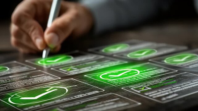 Silver Pen Marking Green Checkboxes on Transparent Interface Displaying Compliance Approval in Close Up Dark Setting with Blurred Background