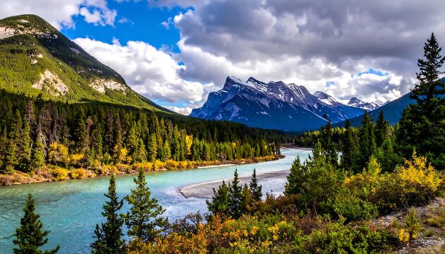 Scenic mountain river valley in autumn colors