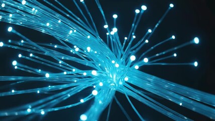 Abstract representation of glowing blue fiber optic strands transmitting massive amounts of data and network information. - Powered by Adobe