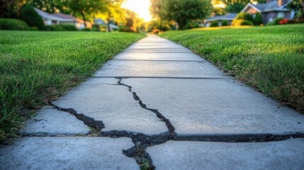 Close up view of cracked concrete sidewalk along green lawns in a suburban neighborhood during golden hour
