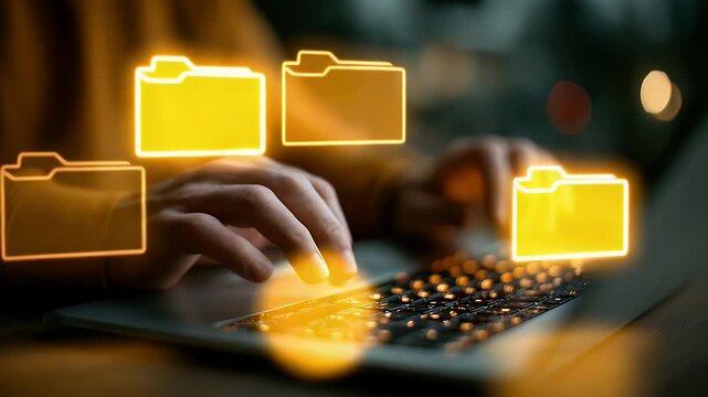 Person Typing on Laptop with Yellow Sweater and Folder Icons Over Keyboard in Dark Background with Warm Lighting
