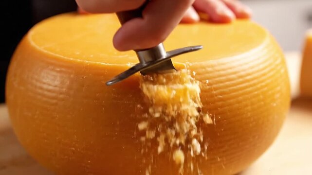 Expertly slicing a wheel of delicious aged cheese with specialized knife for perfect gourmet food preparation and culinary delight