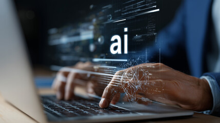 businessman working with a laptop and a digital screen showing ai and data technology concepts. using  artificial intelligence, which is having a significant impact on the business industry. office ro