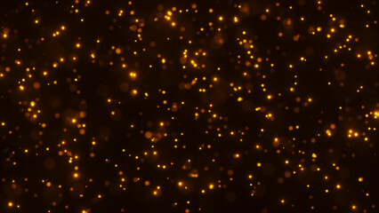 Golden glowing particles floating on dark backdrop, warm festive abstract illustration 