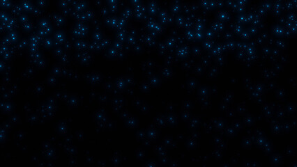 Dark blue glowing particles, festive lights, winter background.