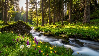Lush forest scene with flowing stream, sunlight filters through trees