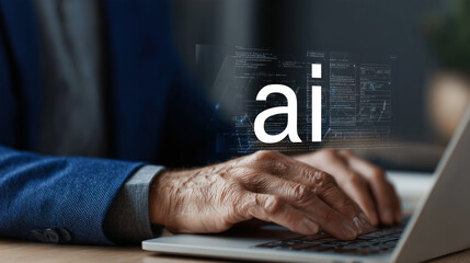 businessman working with a laptop and a digital screen showing ai and data technology concepts. using  artificial intelligence, which is having a significant impact on the business industry. office ro