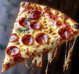 Close-up of a hot pepperoni pizza slice with melted cheese stretching and a sprig of rosemary on top