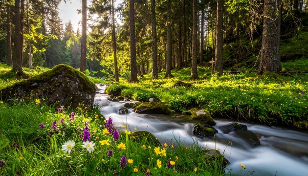 Lush forest scene with flowing stream, sunlight filters through trees