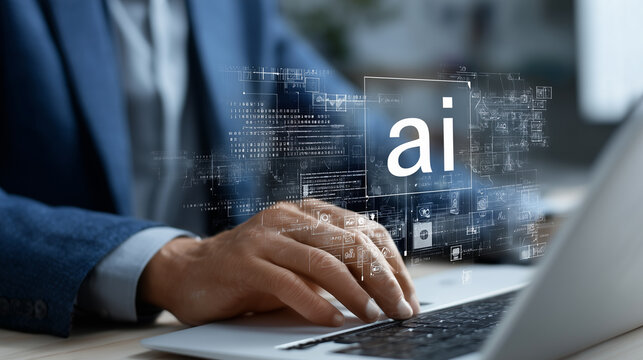 businessman working with a laptop and a digital screen showing ai and data technology concepts. using  artificial intelligence, which is having a significant impact on the business industry. office ro - Powered by Adobe