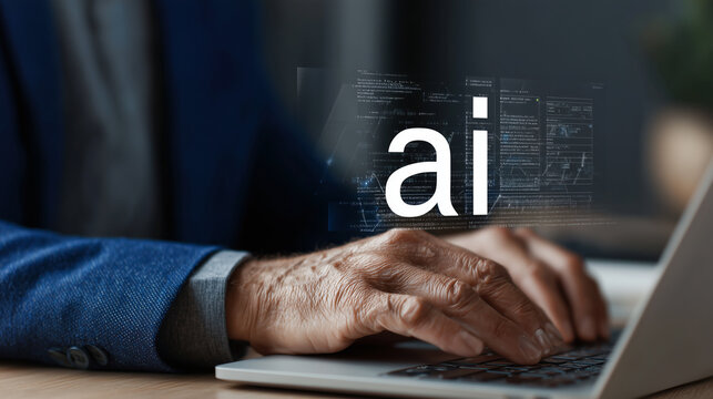 businessman working with a laptop and a digital screen showing ai and data technology concepts. using  artificial intelligence, which is having a significant impact on the business industry. office ro