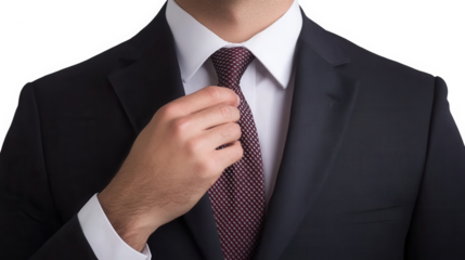 Close up of a man in a suit adjusting his tie against a black background in a studio setting on transparent background