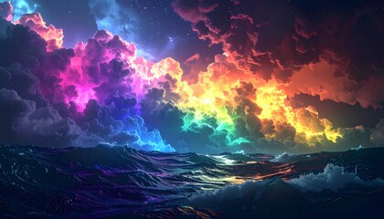 Vibrant Rainbow Clouds Over Dark Ocean Waves at Twilight.