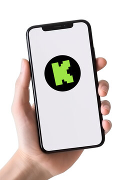 Vertical shot of a smartphone with the Kikc stream icon on an illuminated screen. Graphic resource for editorial purposes. White or transparent background. Ideal for editorial promotions.