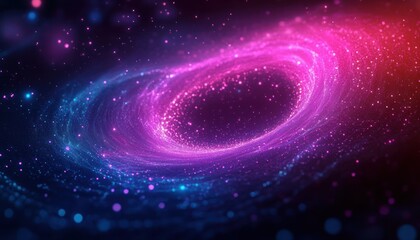 Vibrant cosmic vortex with swirling bright pink and blue particles forming a glowing spiral galaxy-like structure in deep space