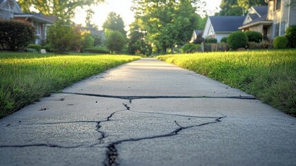 Cracked concrete sidewalk stretching through a sunny suburban neighborhood with green grass and houses on both sides during late afternoon
