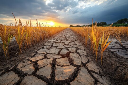 A dry cracked soil pathway cutting through a golden wheat field under a dramatic cloudy sunset sky, conveying drought and environmental stress