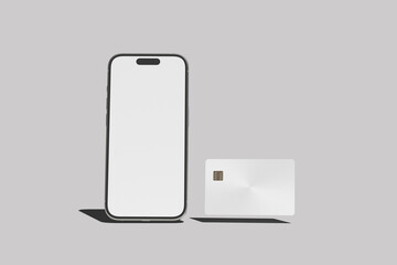 Glossy credit cards mock up, and phone 16 screen blank mockup dark black background, 3D Illustration.