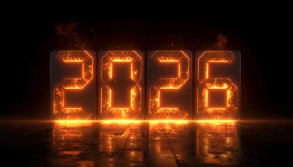 Burning 2026 year numbers with fire effect on dark reflective surface