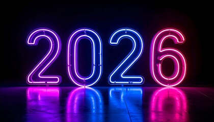 Neon glowing number 2026 on black background with reflections