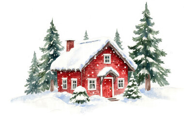 Cozy Red Cabin in Snowy Pine Forest